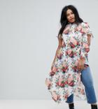 Asos Curve Asymmetric Longline Top In Floral Print - Multi