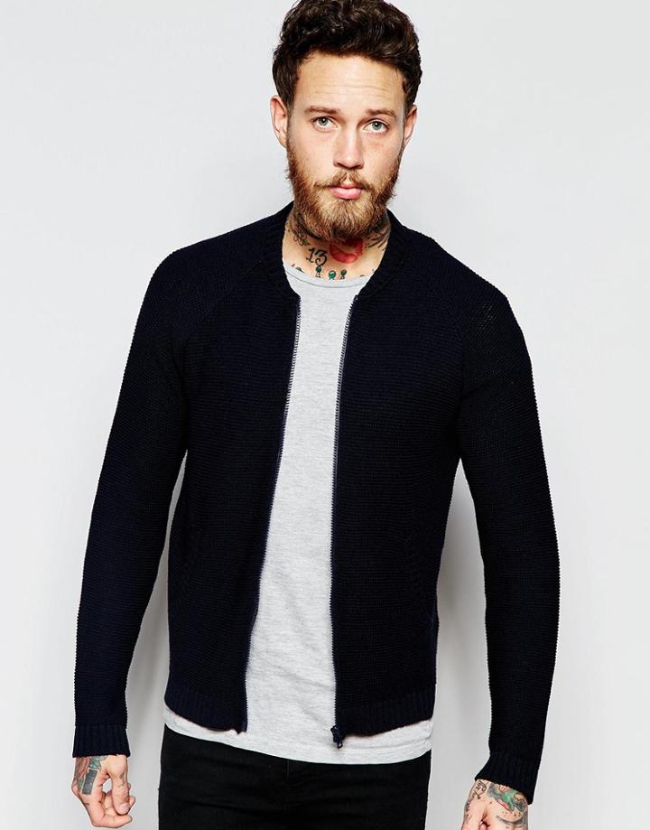 Asos Knitted Bomber Jacket - Navy