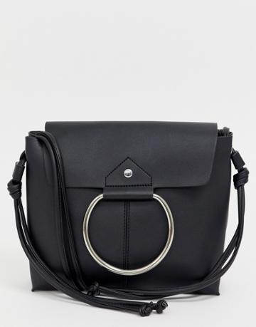 Melie Bianco Leather Fold Over Shoulder Bag With Hardware Detail - Black