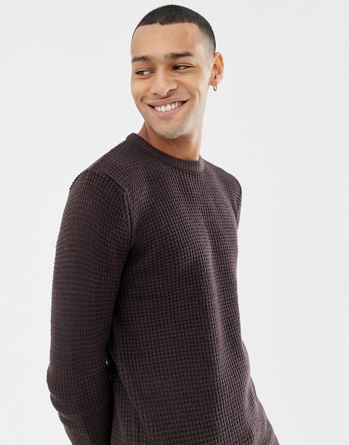 Brave Soul Crew Neck Waffle Knit Sweater-purple