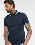 Asos Design Polo Shirt With Zip Neck In Polytricot-navy