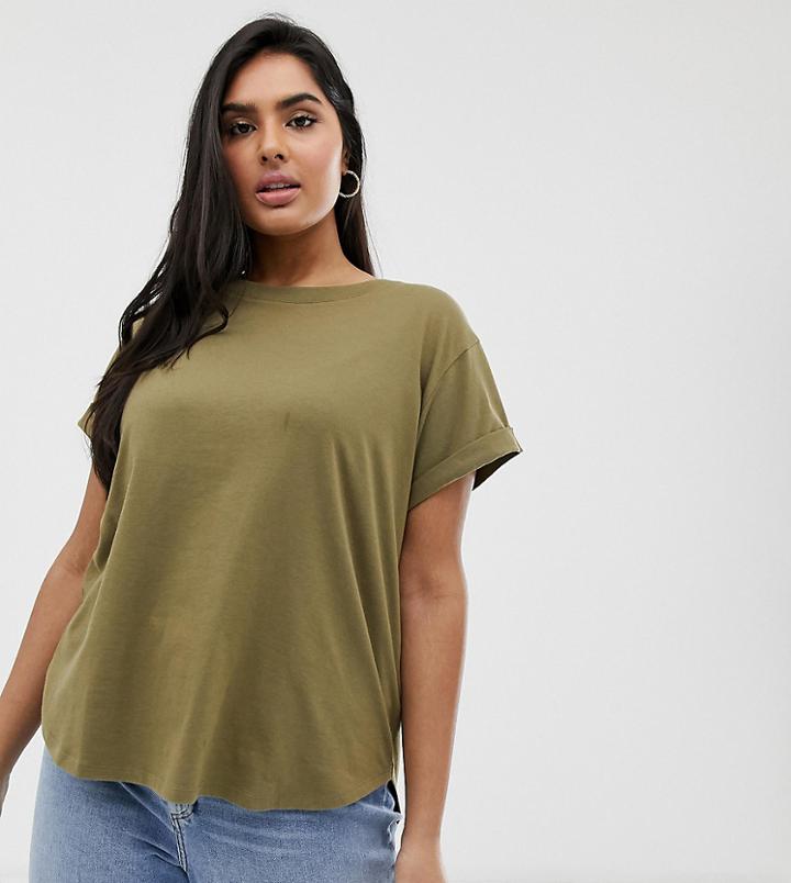 Asos Design Curve T-shirt In Boyfriend Fit With Rolled Sleeve And Curved Hem In Khaki - Green