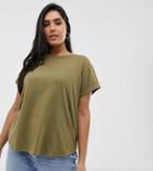 Asos Design Curve T-shirt In Boyfriend Fit With Rolled Sleeve And Curved Hem In Khaki - Green