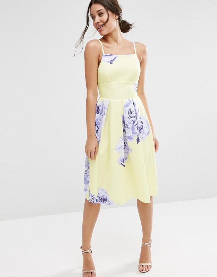 Asos Large Floral Printed Pinny Midi Dress - Yellow Print