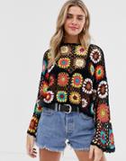 Wild Honey Relaxed Top In Rainbow Crochet - Black