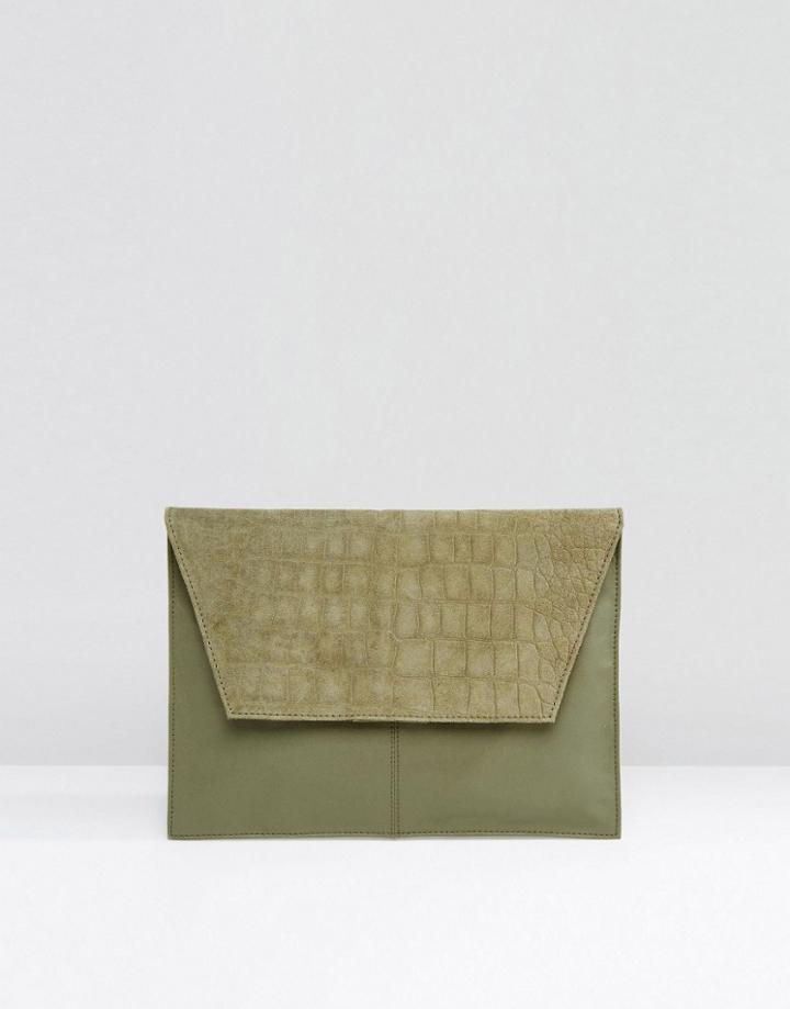 Asos Croc Embossed Suede And Leather Clutch Bag - Green