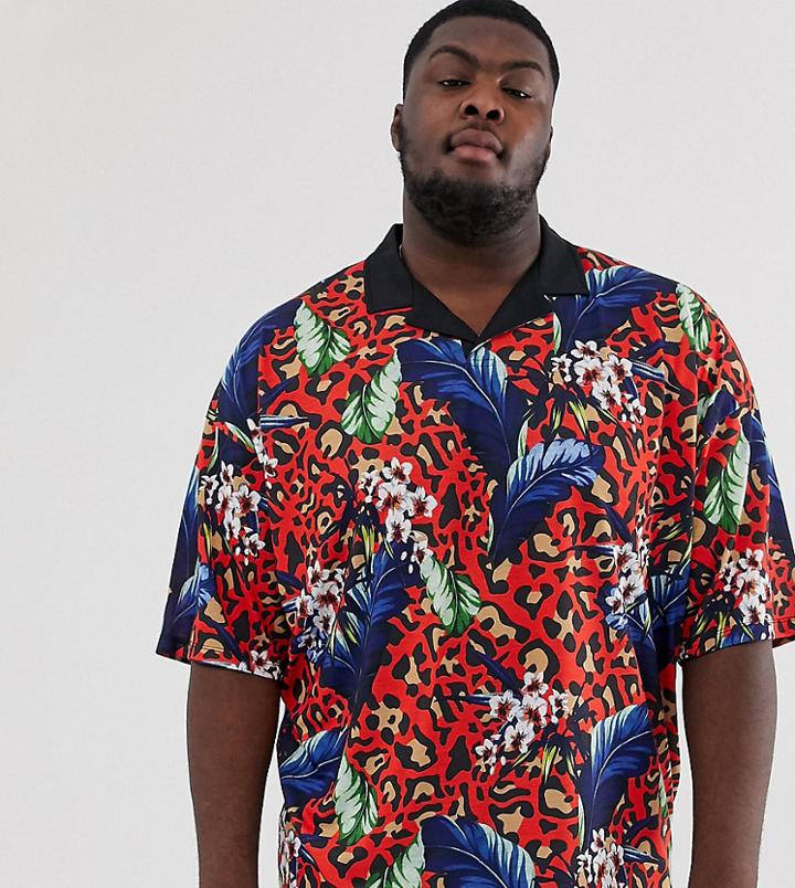 Asos Design Plus Oversized Revere Polo With Floral And Leopard Print - Multi