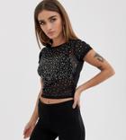 Asos Design Petite Short Sleeve Mesh Top With Crystal Studs - Black