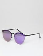 Asos Design Round Sunglasses In Black With Purple Mirrored Laid On Lens - Black