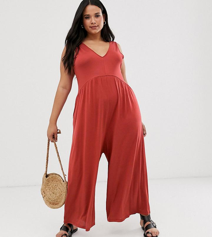 Asos Design Curve Curved Smock Jumpsuit-red