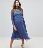 Chi Chi London Maternity High Neck Midi Skater Dress With Lace Sleeves - Blue