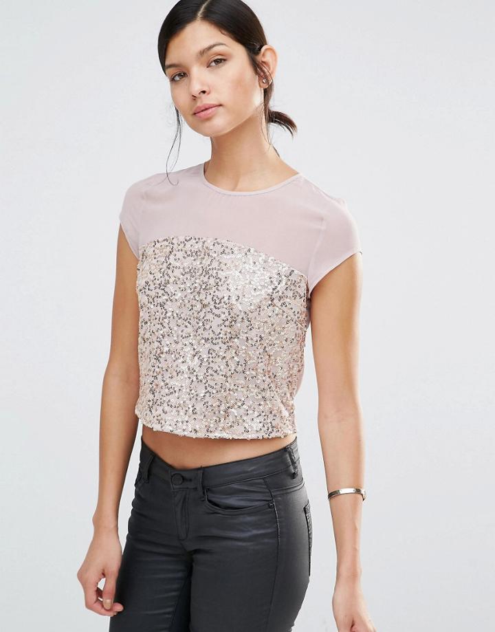 Little Mistress Sequin Top With Mesh Insert - Gold