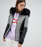 River Island Padded Jacket With Faux Fur Collar In Check - Black