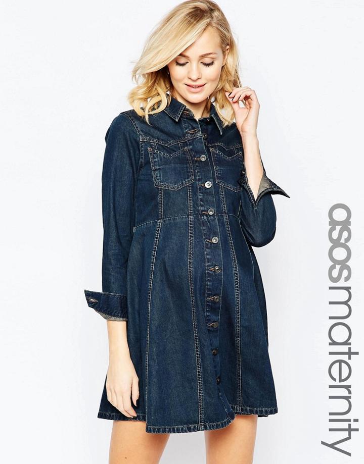 Asos Maternity Denim Western Shirt Dress With Flippy Skirt - Blue