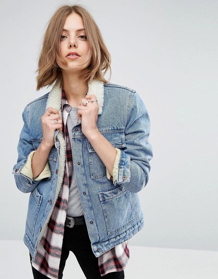 Asos Denim Borg Jacket In Mid Wash Blue With Pockets - Blue