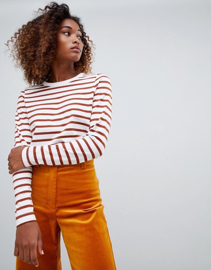 Weekday Stripes Long Sleeve T-shirt In Rust And White - Multi
