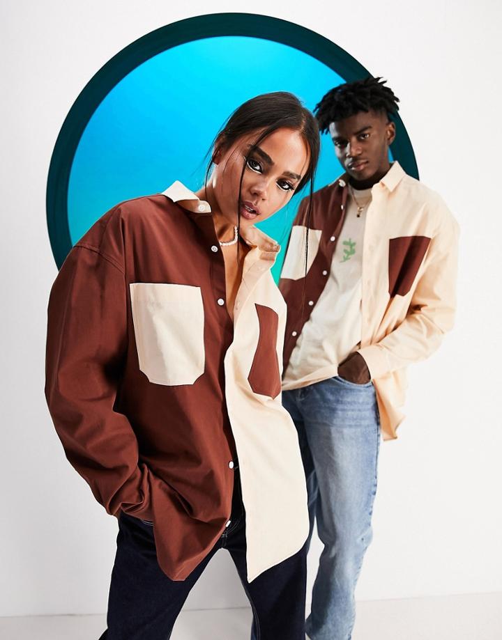 Asos Design Circular Design Unisex 90s Oversized Color Block Shirt In Brown