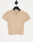 Pull & Bear Polo Neck Detail Cropped T-shirt In Stone-neutral