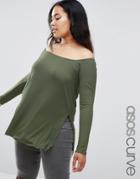Asos Curve Off Shoulder Slouchy Top With Side Splits - Green