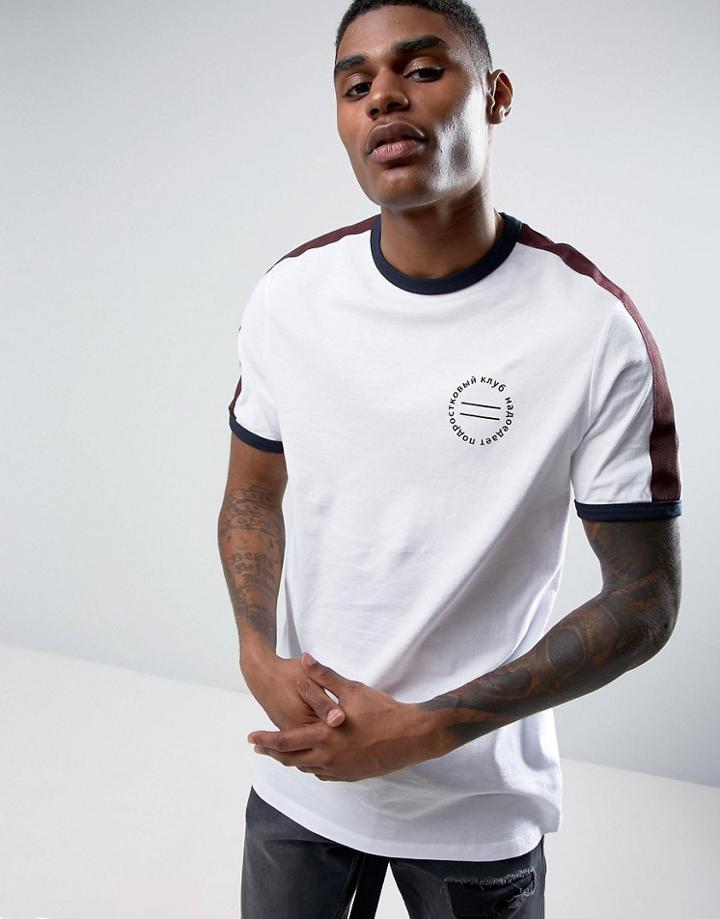 Asos Longline T-shirt With Retro Chest Print & Shoulder Tape - White