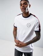 Asos Longline T-shirt With Retro Chest Print & Shoulder Tape - White