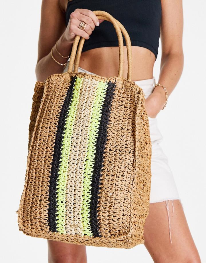 Nali Raffia Stripe Tote Bag In Natural Straw And Lime-black