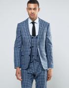 Asos Slim Suit Jacket In 100% Wool Blue Check - Blue