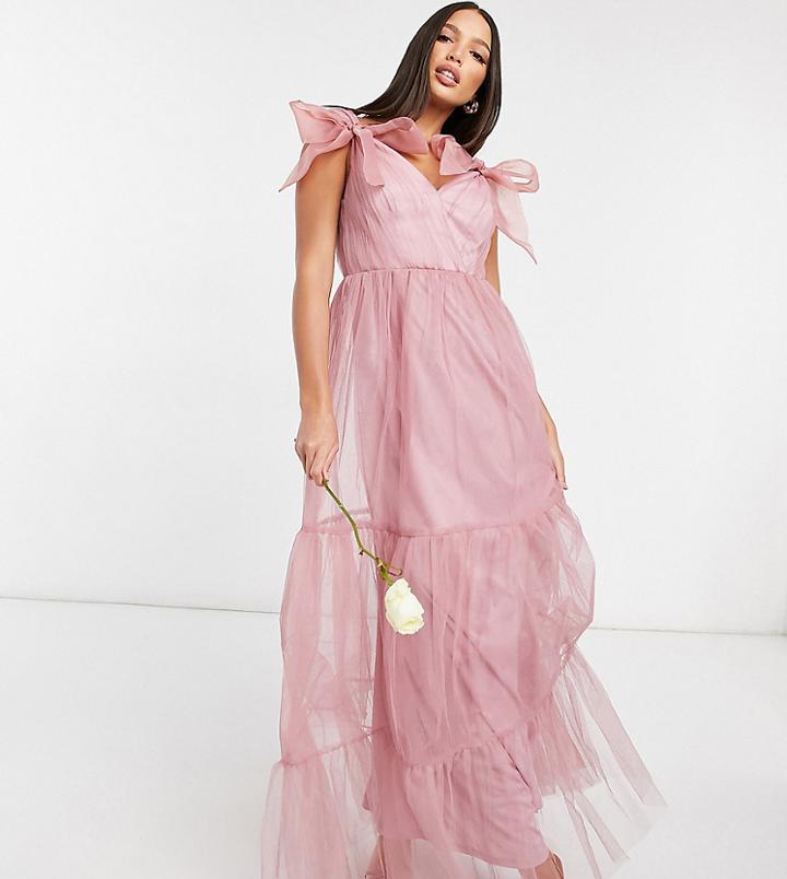 Asos Design Tall Tulle Bow Tie Tiered Maxi Dress In Rose-pink
