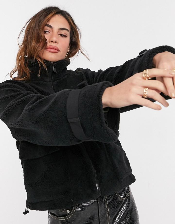 Urban Code Shearling Bomber Jacket With Pockets In Black