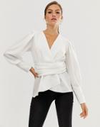 River Island Long Sleeve Wrap Blouse In White