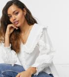 Asos Design Petite Ruffle Collar Blouse With Broderie Trim In Ivory-multi