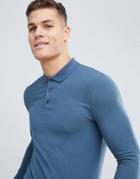 Asos Design Muscle Fit Long Sleeve Jersey Polo In Blue - Blue