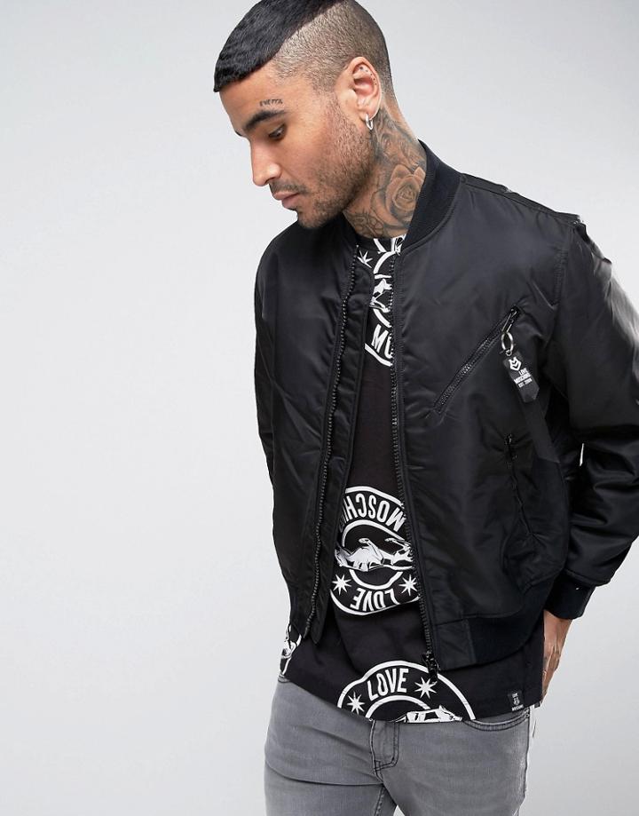Love Moschino Bomber Jacket With Zip Tab And Peace Back Panel - Black