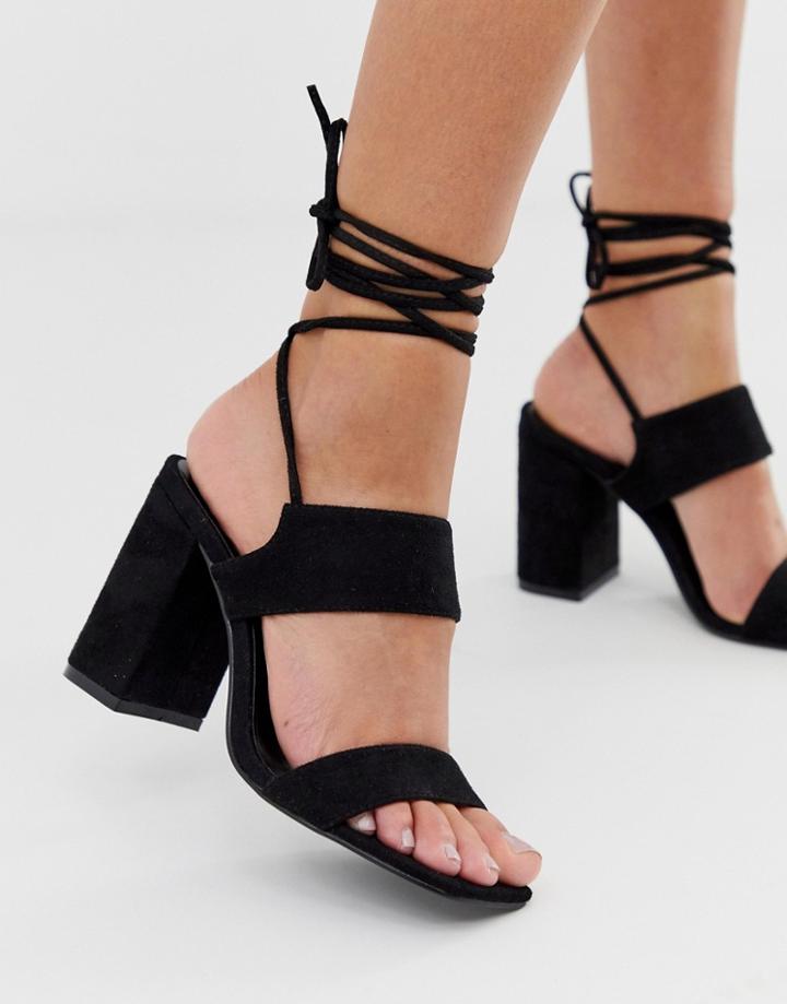 Simmi London Raees Black Ankle Tie Block Heeled Sandals