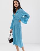 Asos Design Midi Plisse Tea Dress - Blue