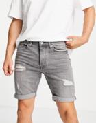 Topman Rip Stretch Skinny Shorts In Gray-grey