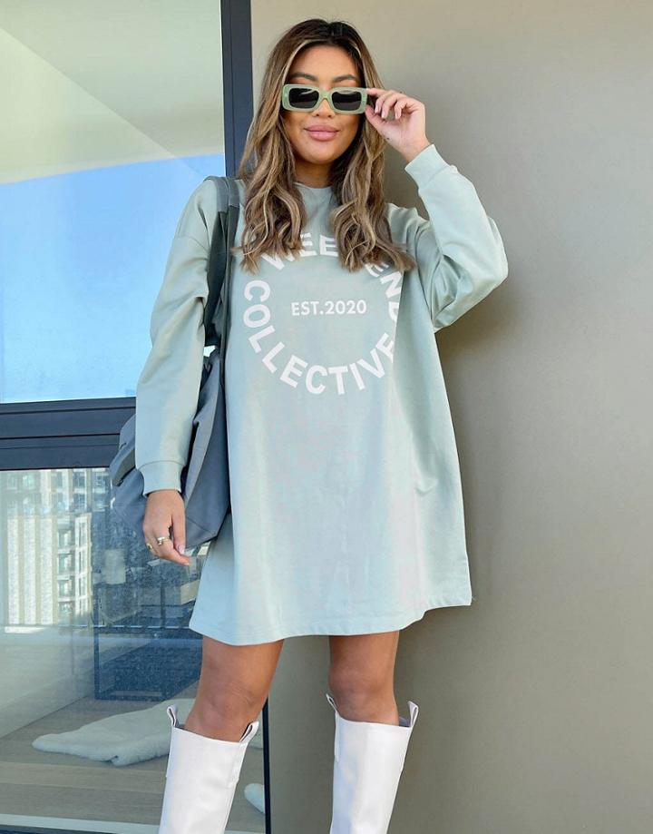 Asos Weekend Collective Oversized Long Sleeve T-shirt Dress With Logo In Sage-green
