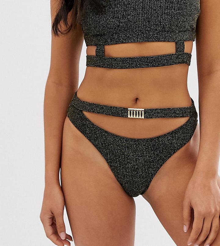 Wolf & Whistle Exclusive Belted Bikini Bottom In Gold Metallic-black