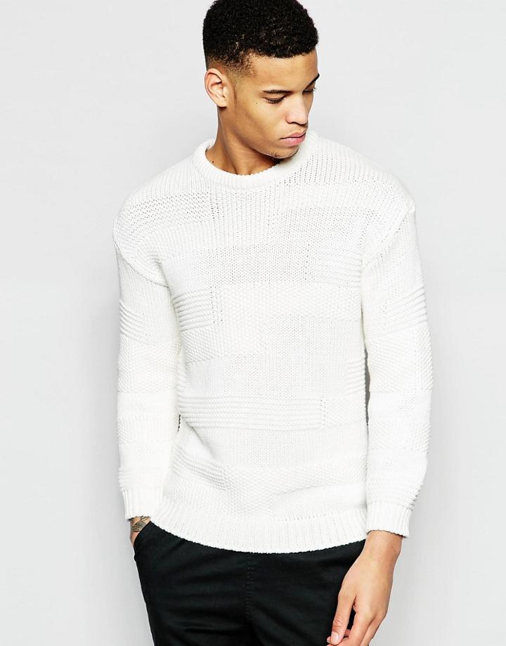 Pull & Bear Sweater With Patchwork Knit In White - White