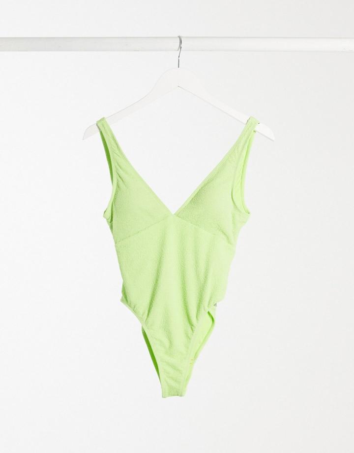 Topshop Crinkle Plunge One Piece Swimsuit In Bright Green