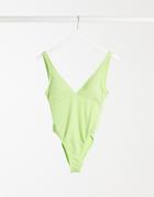 Topshop Crinkle Plunge One Piece Swimsuit In Bright Green