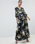 Prettylittlething Tie Waist Maxi Dress Floral - Navy
