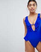 Missguided Ruffle Trim Plunge Swimsuit - Blue