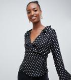 Glamorous Tall Long Sleeve Wrap Front Blouse In Gold Spot-black