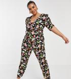 Asos Design Curve Ruched Sleeve Peg Leg Jumpsuit In Floral Print-multi