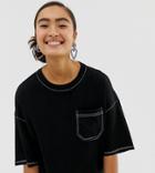 Monki Oversized Crew Neck T-shirt With Pocket In Black - Black