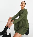 Asos Design Tall Long Sleeve Tiered Smock Mini Dress In Khaki-green