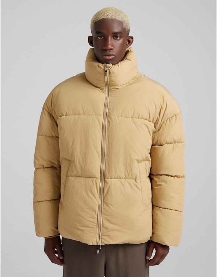 Bershka Puffer Jacket In Beige-neutral