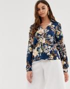 Boohoo V Neck Blouse In Blue Floral - Multi