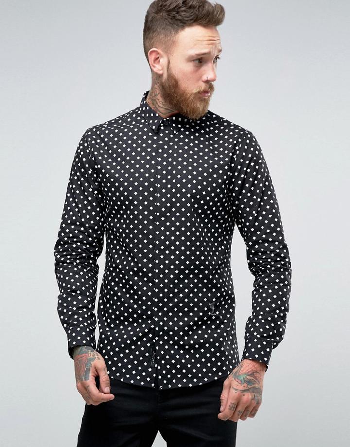 Religion Slim Smart Shirt In Diamond Print - Black